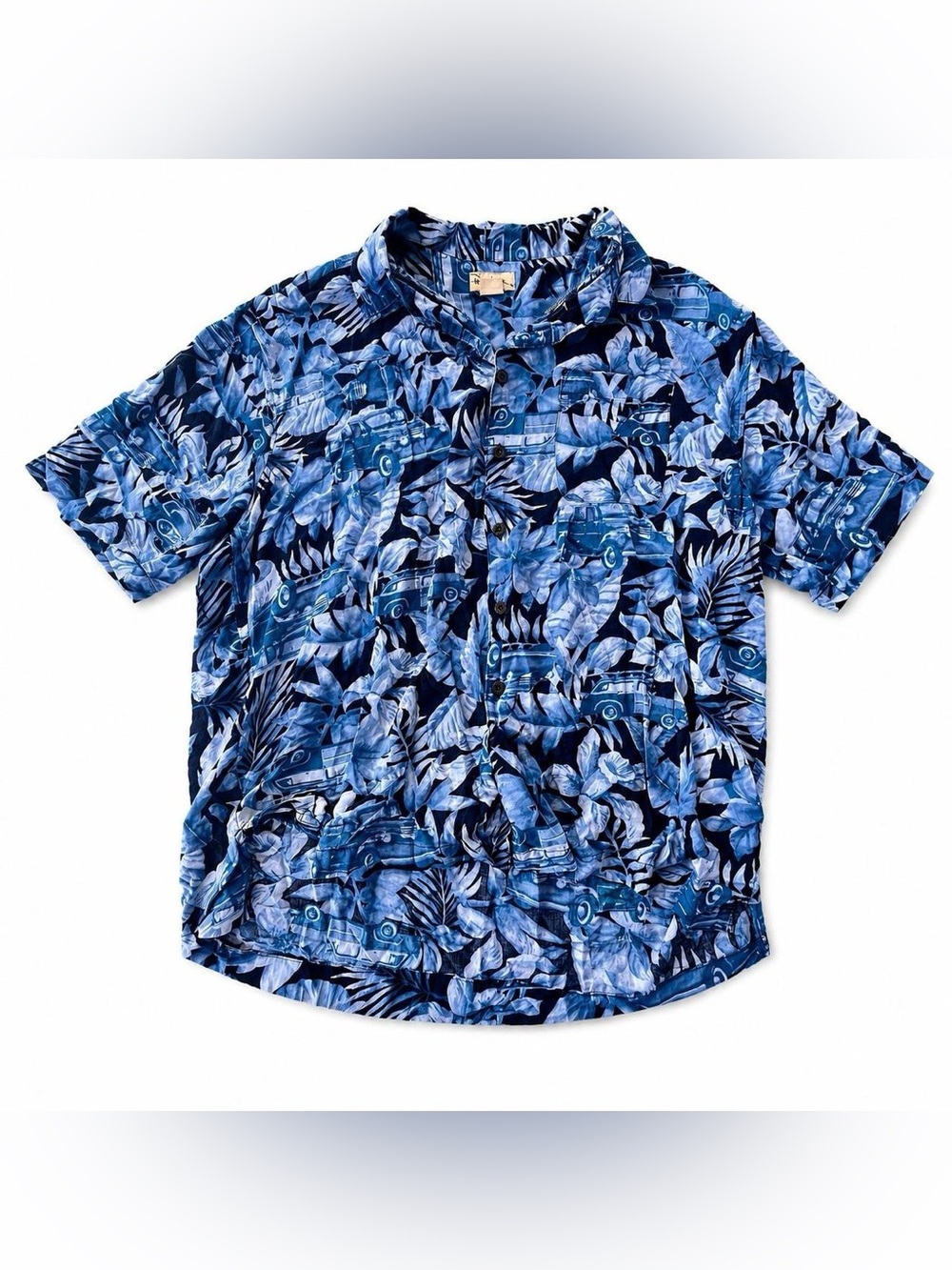 Panama Jack Blue Tropical Car Print Rayon Button Down Shirt XL Hawaiian Nautical